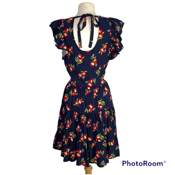 JILL STUART Midnight Navy Blue Red Floral Jacquard Flutter Sleeve Dress Medium - Picture 7 of 10